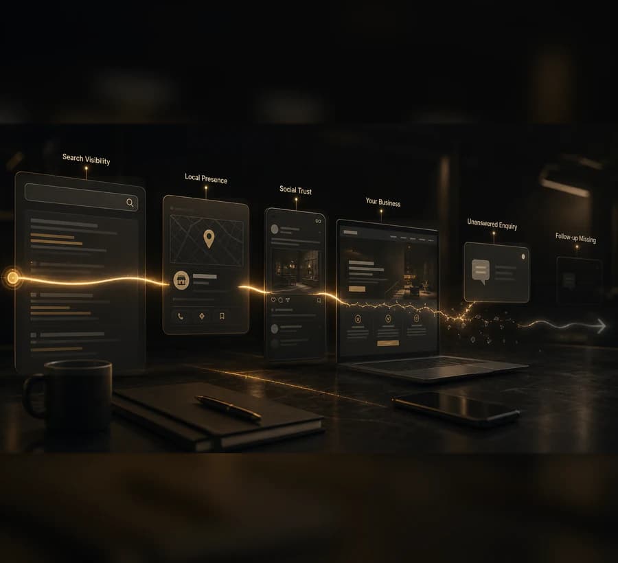 Mobile cinematic customer journey visual showing growth gaps before conversion