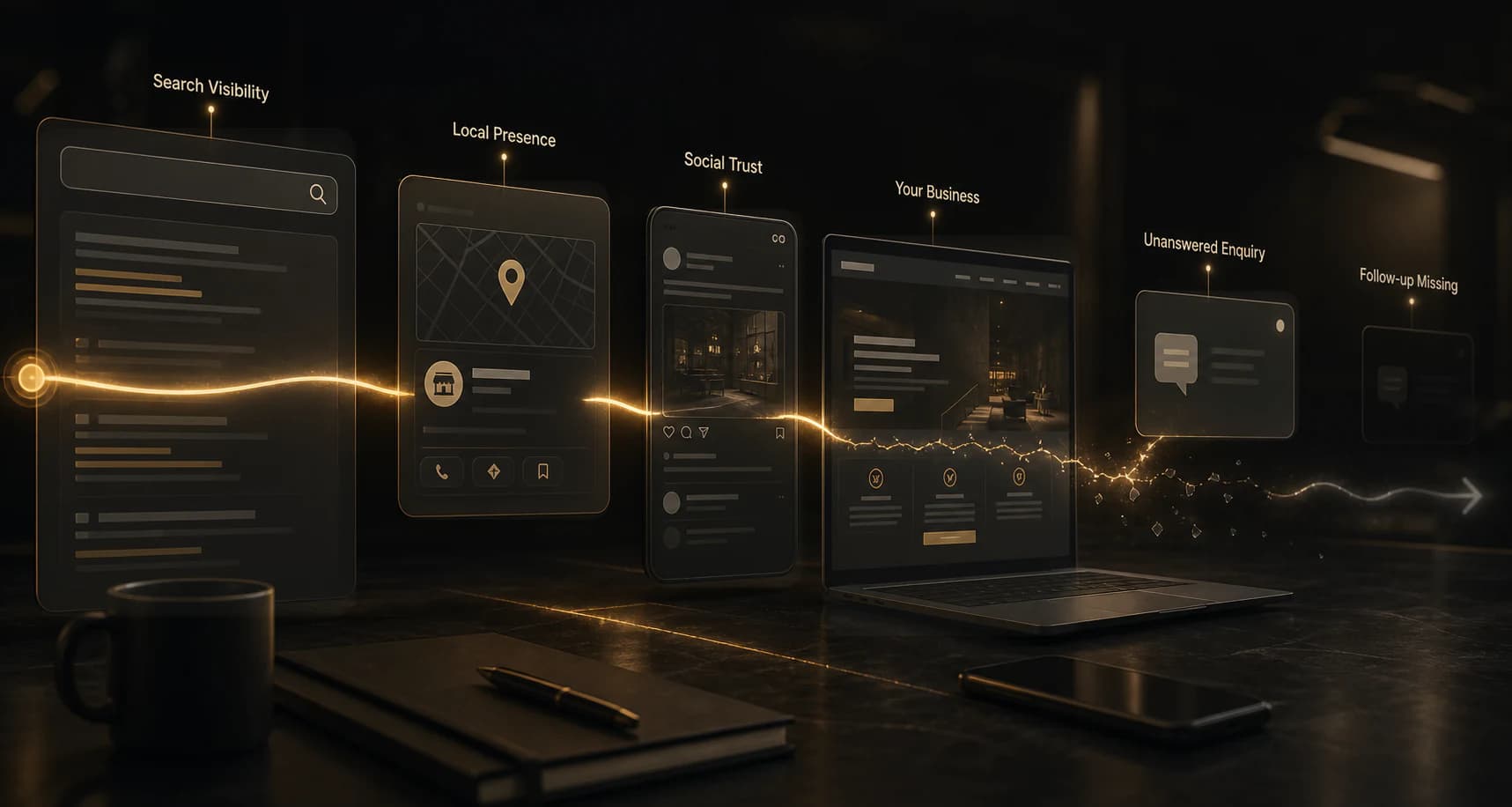 Cinematic customer journey visual showing search discovery, local presence, social trust, landing experience and a missed enquiry as the gold signal fades