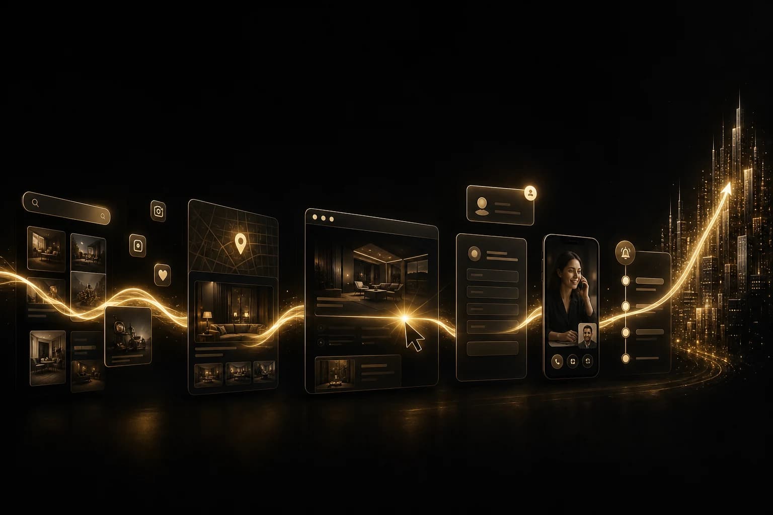 Cinematic connected growth journey showing discovery, trust, click, capture, conversation, follow-up and growth