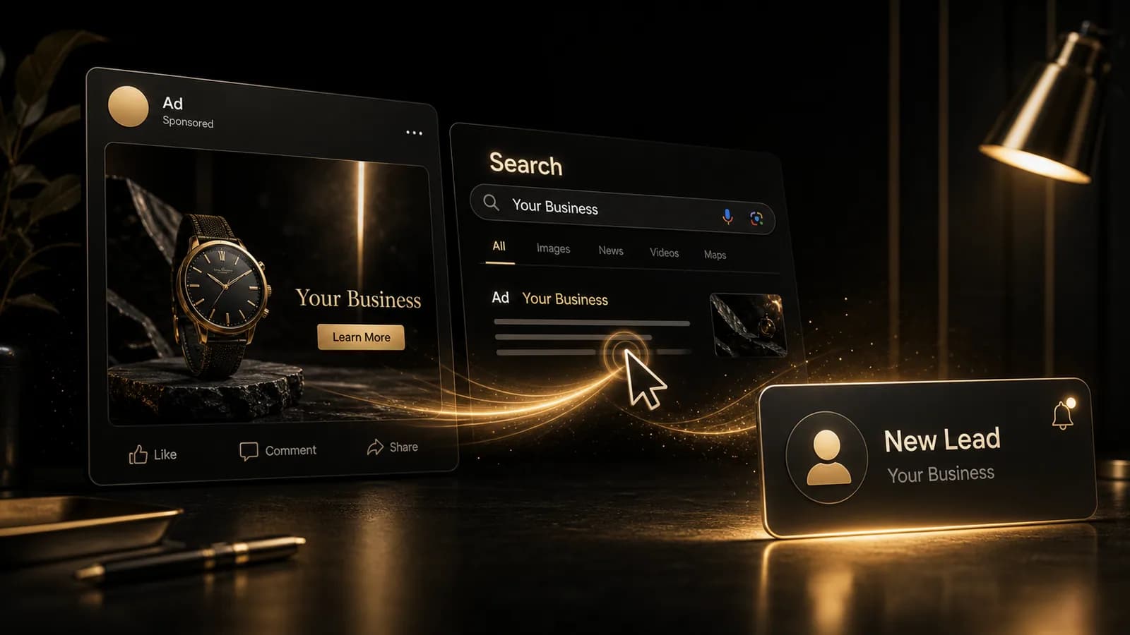 Acquire services visual showing ad and search discovery turning into a new lead
