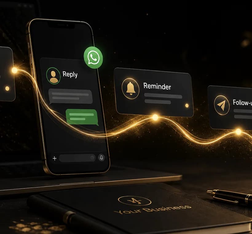 Scale services visual showing a lead, WhatsApp reply, reminder and follow-up workflow