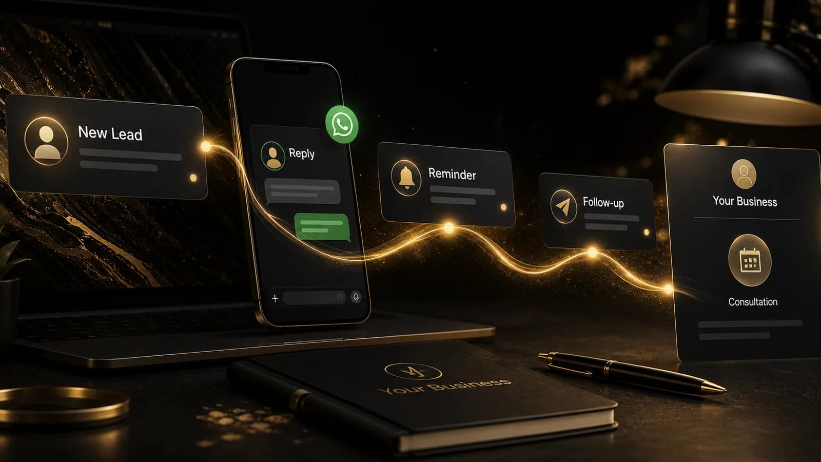 Scale services visual showing a lead, WhatsApp reply, reminder and follow-up workflow