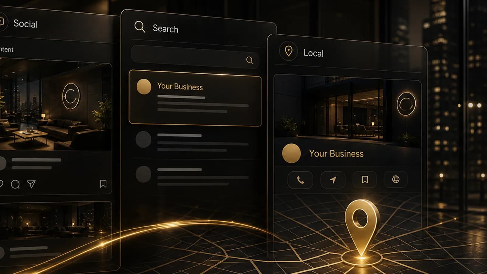 Build Trust services visual showing social content, search visibility and local presence
